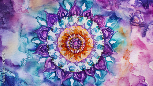 A mandala made of purple, blue and grena watercolor marks with vivid colors photo