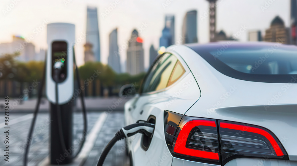 A modern electric vehicle charging at a station with a city skyline in the background, symbolizing sustainable transportation. A modern electric vehicle charging at a station with a city skyline in the background, symbolizing sustainable transportation.