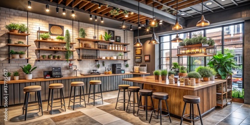 Industrial Chic Bar Interior with Wooden Accents, Overhead Lighting, and Greenery, bar design, interior design, industrial style, cafe decor