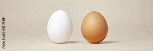 White and Brown Eggs on Beige Background - Two eggs, one white and one brown, sit side-by-side on a beige background. They represent contrast, choice, and the potential for new life. photo