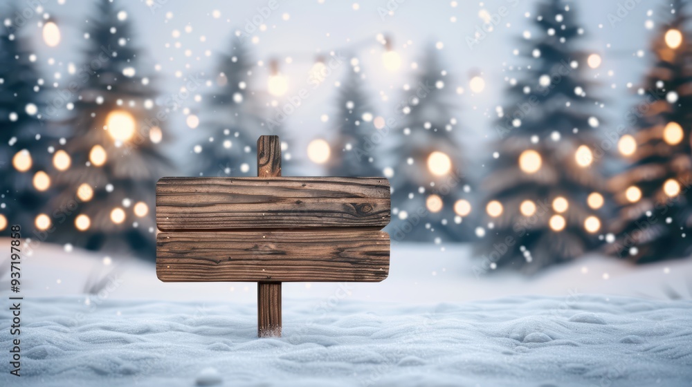 Fototapeta premium Rustic Wooden Sign in Snowy Winter Wonderland with Festive Lights and Snowflakes Falling in the Background