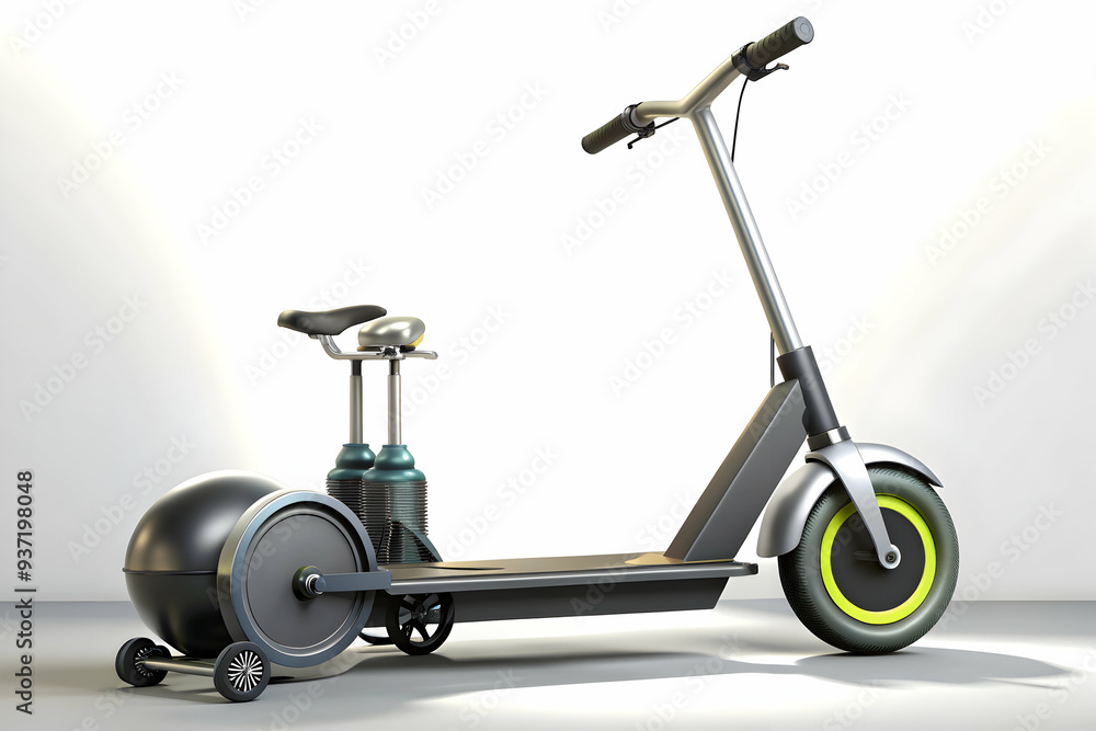 3D Icon as Electric scooter and fitness equipment concept as An electric scooter paired with fitness equipment symbolizing the combination of modern transport and health focused lifestyle ideal for is 3D Icon as Electric scooter and fitness equipment concept as An electric scooter paired with fitness equipment symbolizing the combination of modern transport and health focused lifestyle ideal for is