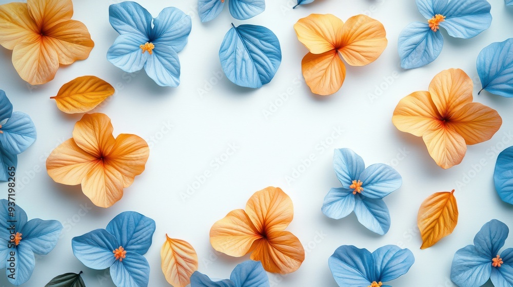 Minimalistic Summer Botanical Composition in Tangerine, Aqua Blue, and White with Hibiscus Flowers