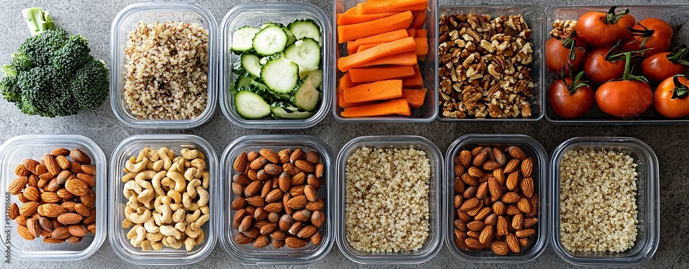 A top view of a meal prep station featuring fresh vegetables, quinoa, and nuts, with reusable containers ready for packing, more clarity with clear light and sharp focus, high detailed A top view of a meal prep station featuring fresh vegetables, quinoa, and nuts, with reusable containers ready for packing, more clarity with clear light and sharp focus, high detailed