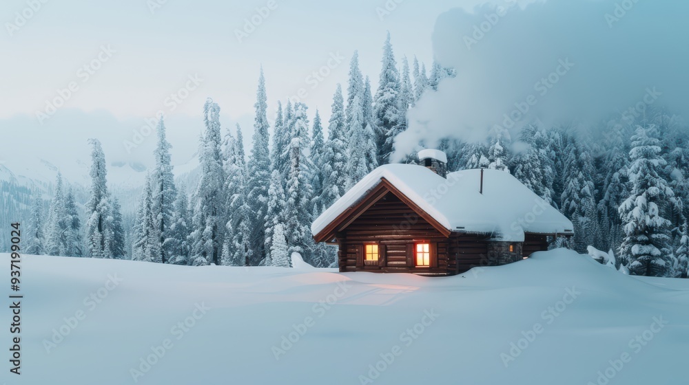 Cozy Snow-Covered Cabin in Winter Forest with Warm Glowing Windows and Pine Trees Cozy Snow-Covered Cabin in Winter Forest with Warm Glowing Windows and Pine Trees
