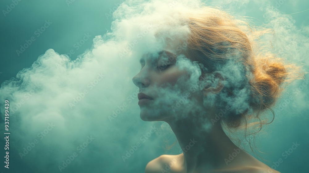 Loneliness and Dreaming: Young Woman with Racing Thoughts in Cloud for Psychological Art, Generative AI Loneliness and Dreaming: Young Woman with Racing Thoughts in Cloud for Psychological Art, Generative AI