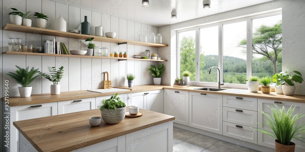 Modern Kitchen with White Cabinets and Wooden Countertop, 3D Render, White Walls, Window View, kitchen design, home decor, interior design Modern Kitchen with White Cabinets and Wooden Countertop, 3D Render, White Walls, Window View, kitchen design, home decor, interior design