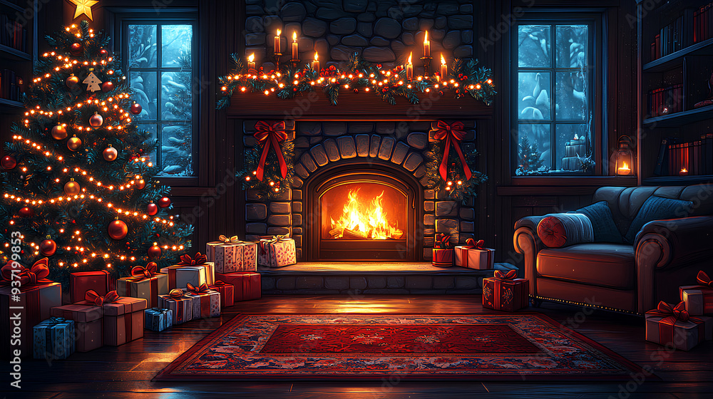 Obraz premium Christmas living room with fireplace. cartoon illustration of cozy home interior with Xmas tree decorated with toys and garland, gift boxes on floor, armchair near fire, books on shelf, candles
