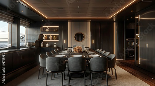 Luxurious dining room with dark walls and sleek cabinets