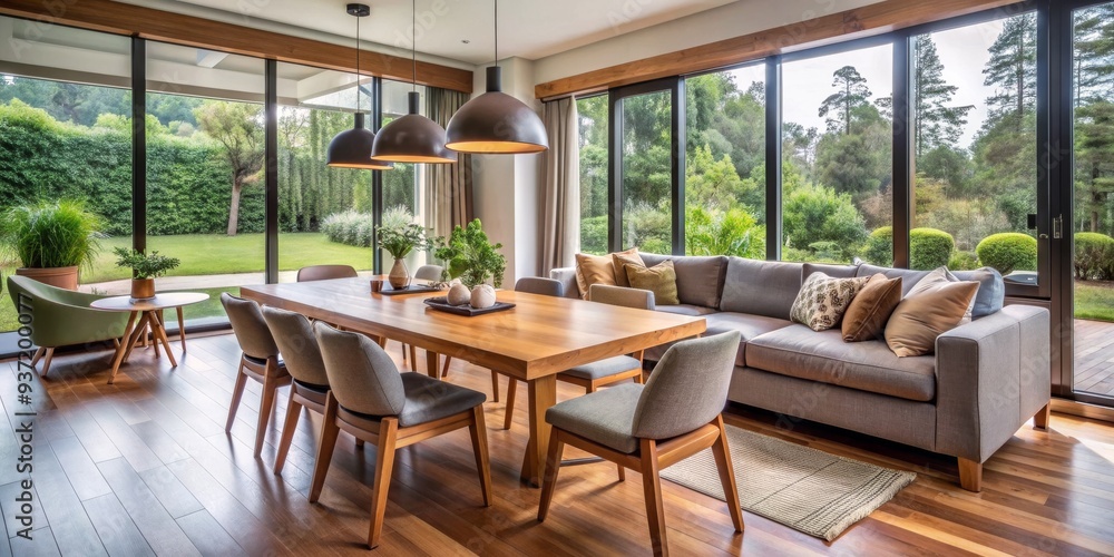 Fototapeta premium Modern Living Room with Garden View, Dining Table, Sofa, Wood Floor , interior design, home decor, modern living