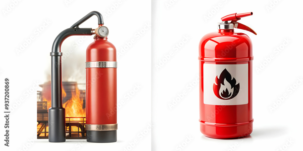 3D Icon as Fire extinguisher and factory icon concept as A fire extinguisher paired with a factory icon representing the essential fire safety measures in manufacturing environments ideal for isolated 3D Icon as Fire extinguisher and factory icon concept as A fire extinguisher paired with a factory icon representing the essential fire safety measures in manufacturing environments ideal for isolated