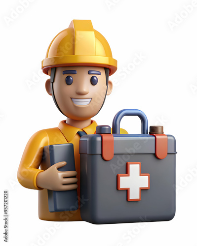 3D Icon as First aid kit and factory worker concept as A first aid kit paired with a factory worker symbolizing the preparedness for safety and health in manufacturing settings ideal for isolated vect