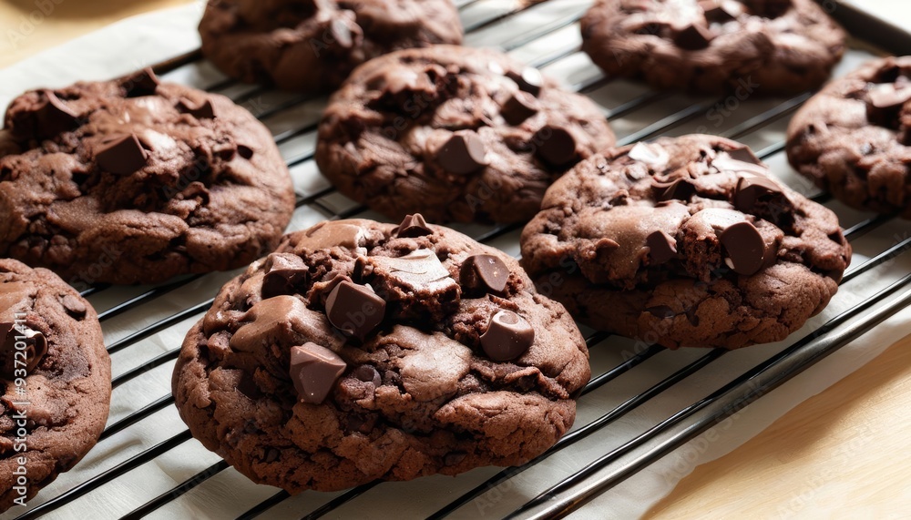 Fototapeta premium Deliciously baked chocolate chip cookies cooling on a rack