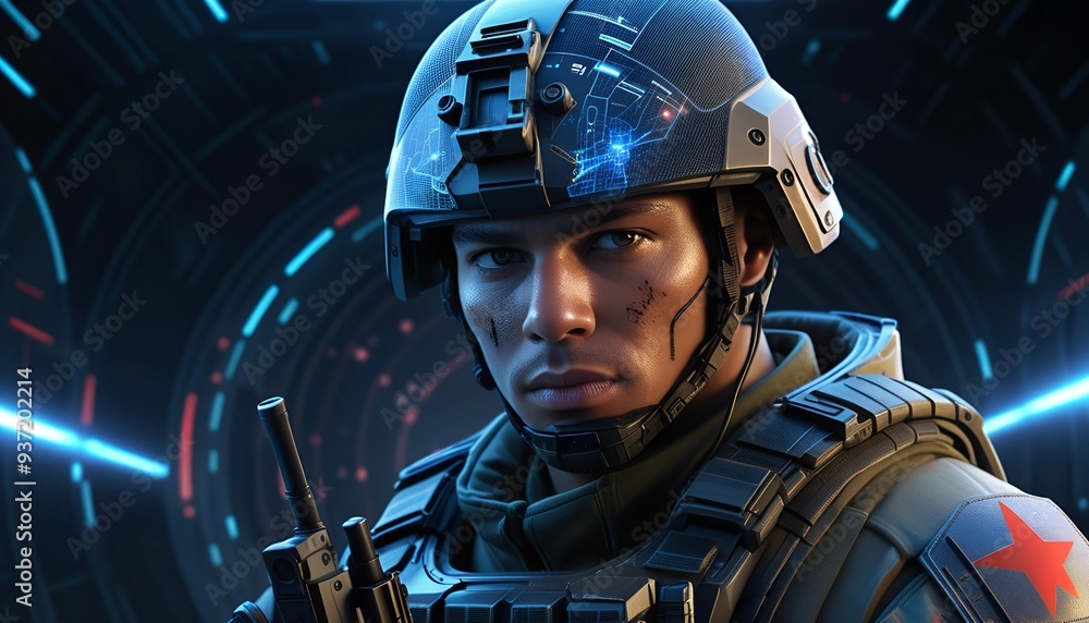 A soldier skilled in using holographic displays for real-time digital warfare, merging cyber tactics with traditional combat strategies A soldier skilled in using holographic displays for real-time digital warfare, merging cyber tactics with traditional combat strategies
