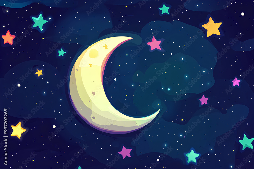 Naklejka premium moon in dark sky with colorful stars, cartoon style, vector