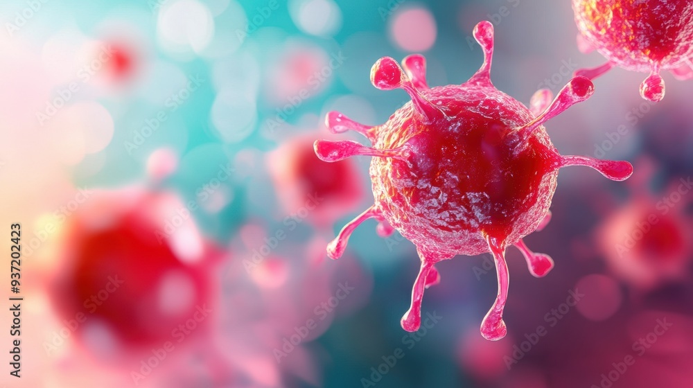 Close-up of virus cells with a colorful background A detailed close-up of virus cells with a colorful, abstract background, emphasizing the complex structure and vibrant colors Close-up of virus cells with a colorful background A detailed close-up of virus cells with a colorful, abstract background, emphasizing the complex structure and vibrant colors