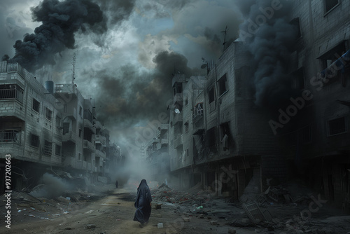 A woman walks through a desolate city with smoke and ash in the air photo