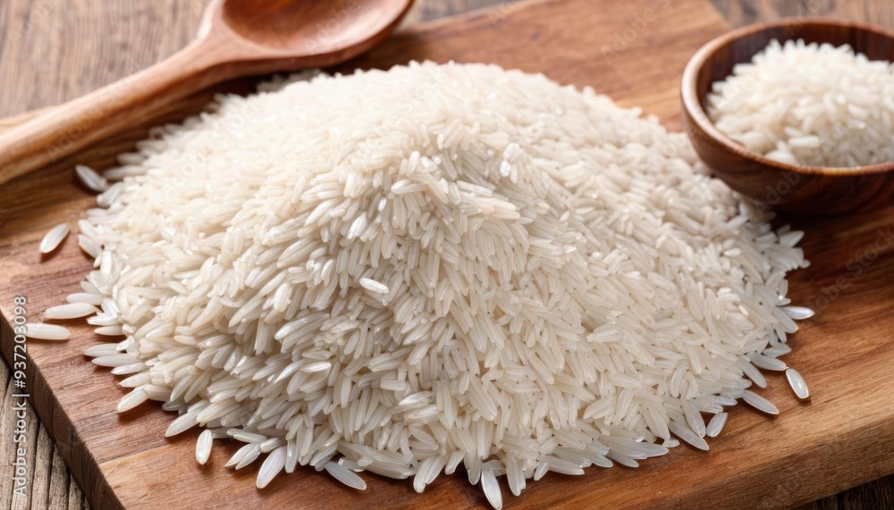 A mound of white rice on a wooden board ready to be cooked A mound of white rice on a wooden board ready to be cooked
