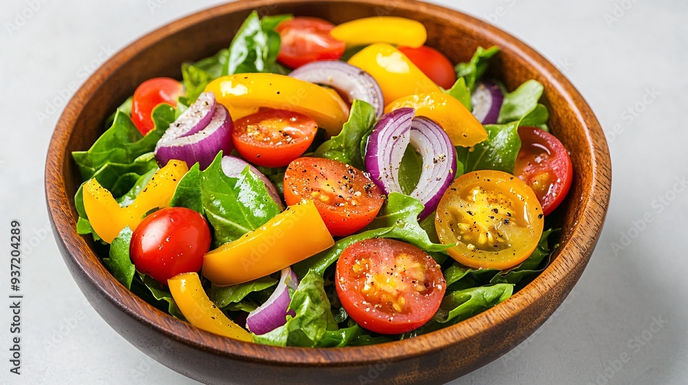 Fresh Vegetable Salad with Tomatoes, Peppers, and Onions in Wooden Bowl Fresh Vegetable Salad with Tomatoes, Peppers, and Onions in Wooden Bowl