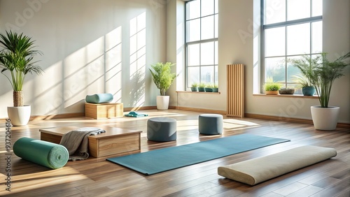 A serene studio setting with a yoga mat, blocks, straps, and bolsters in a peaceful arrangement, evoking a sense of calm and mindful practice. photo