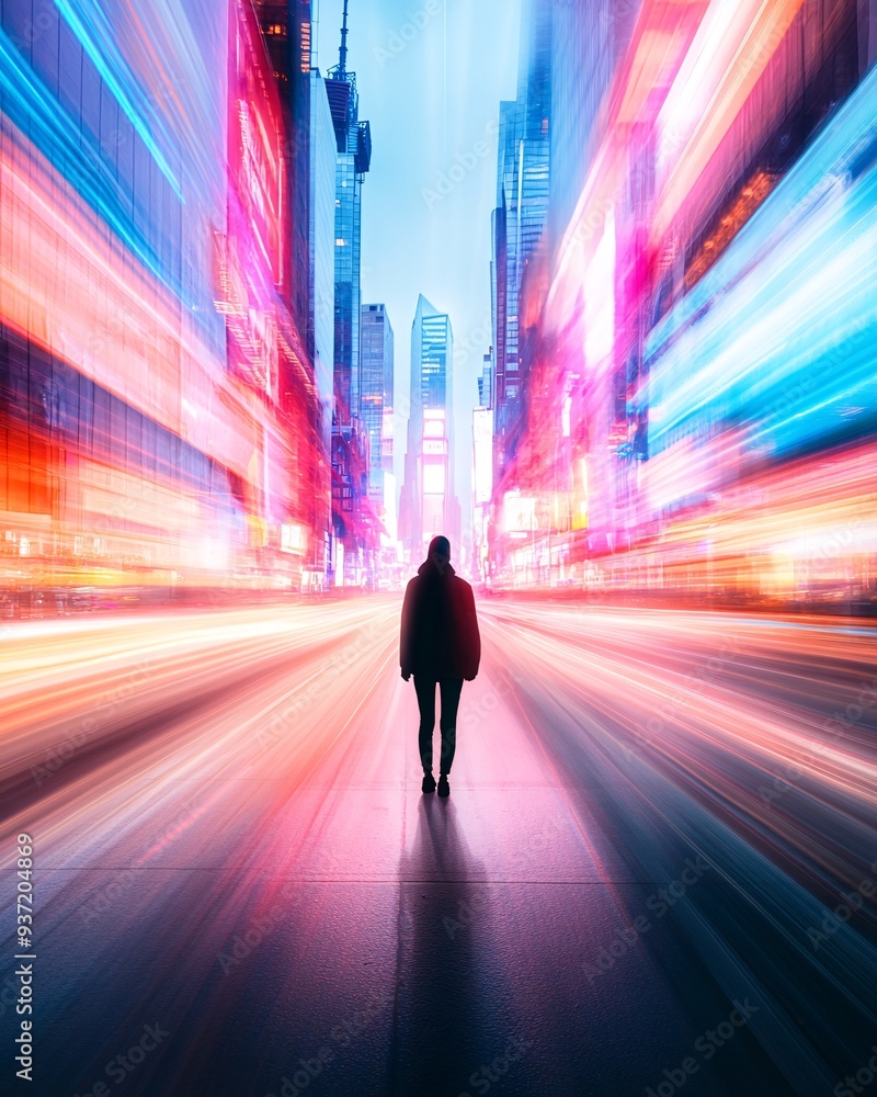 Silhouette of Person in Vibrant Illuminated Cityscape at Night with Motion Blur Silhouette of Person in Vibrant Illuminated Cityscape at Night with Motion Blur
