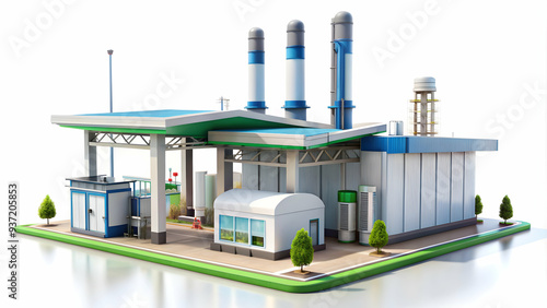 3D Icon as Hydrogen fuel station and manufacturing hub concept as A hydrogen fuel station paired with a manufacturing hub representing advanced renewable energy solutions in industrial complexes ideal photo