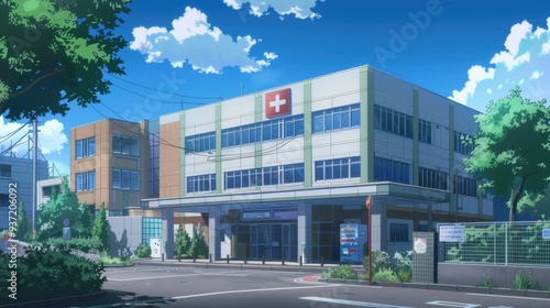 A detailed depiction of an anime-style hospital building located in a serene environment under bright blue skies