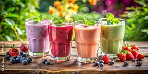 Refreshing Fruit Smoothies Four glasses of colorful smoothies with berries and mint, on a wooden table in a garden setting, healthy drink, summer beverage, fresh fruit, smoothie recipe