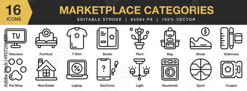 Marketplace Categories icon set. Editable Stroke Icon Collection. Includes household, pet shop, plant, sport, shoes, t shirt, and More. Outline icons vector collection.