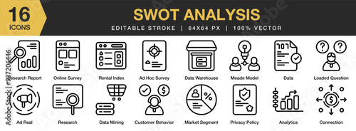 Swot Analysis icon set. Editable Stroke Icon Collection. Includes data warehouse, privacy policy, rental index, loaded, and More. Outline icons vector collection.