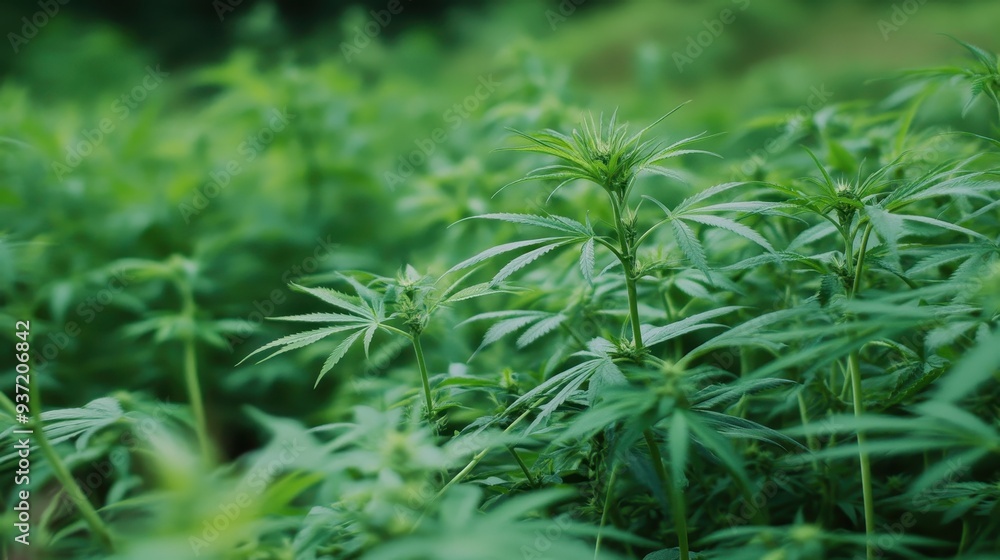 A lush field of green plants, likely cannabis, thriving in a natural environment. A lush field of green plants, likely cannabis, thriving in a natural environment.