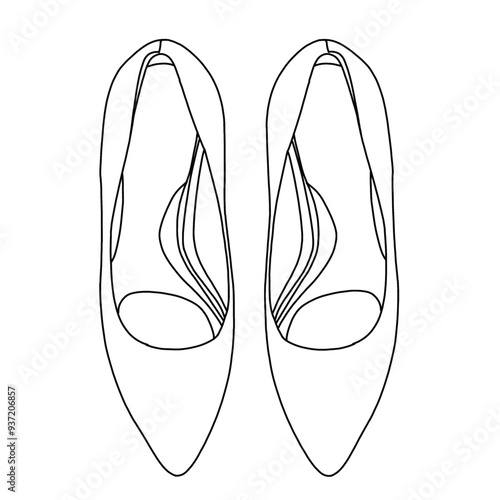 Women's Pumps Shoes Line art, Technical sketch hand drawing outline vector doodle illustration top view isolated on white background