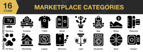 Marketplace Categories Glyph icon set. Includes bag, books, coupon, electronic, furniture, and More. Solid icons vector collection.