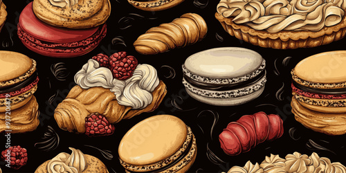 Assortment of gourmet pastries and desserts including macarons, croissants, and tarts against a dark background in a tempting pattern