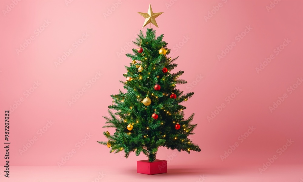 Christmas tree with golden star on top isolated on pink background Christmas tree with golden star on top isolated on pink background