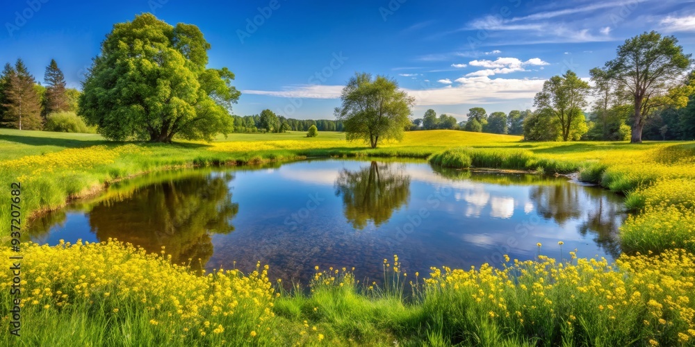 Serene Reflection in a Spring Meadow, Blue Sky, Trees, Pond, Flowers, Nature, Landscape Serene Reflection in a Spring Meadow, Blue Sky, Trees, Pond, Flowers, Nature, Landscape