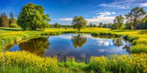 Serene Reflection in a Spring Meadow, Blue Sky, Trees, Pond, Flowers, Nature, Landscape