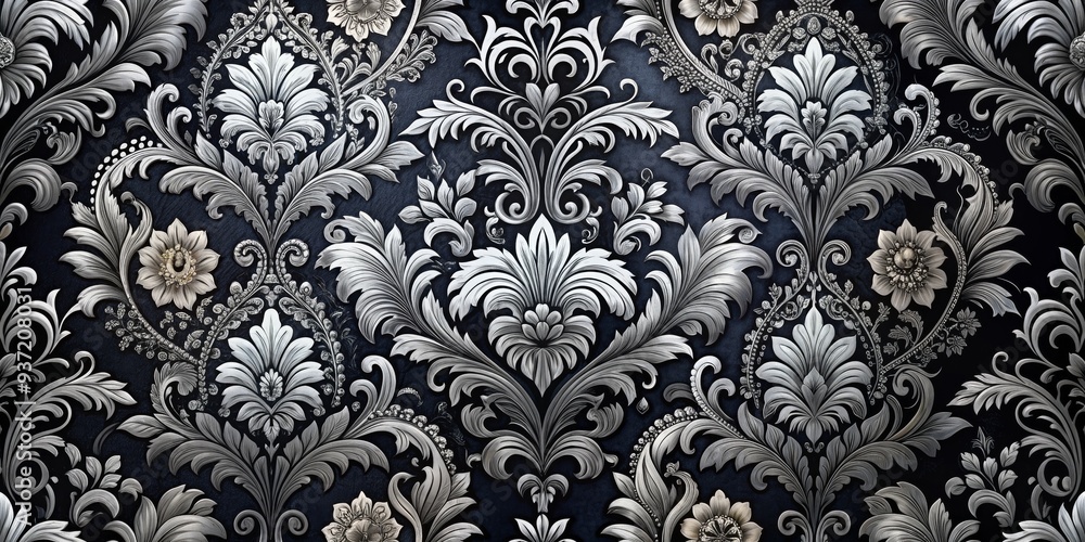Fototapeta premium Silver and Black Floral Damask Wallpaper, Floral, Damask, Wallpaper, Design