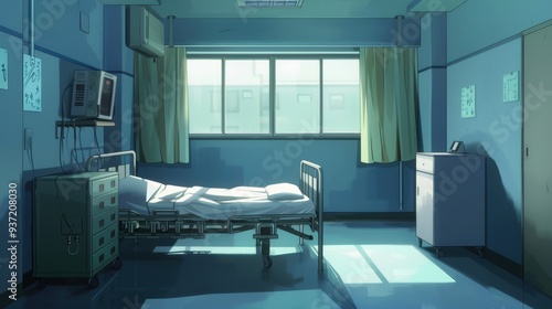 The hospital room features an unoccupied bed, muted colors, and soft light streaming in, evoking a tranquil mood of solitude
