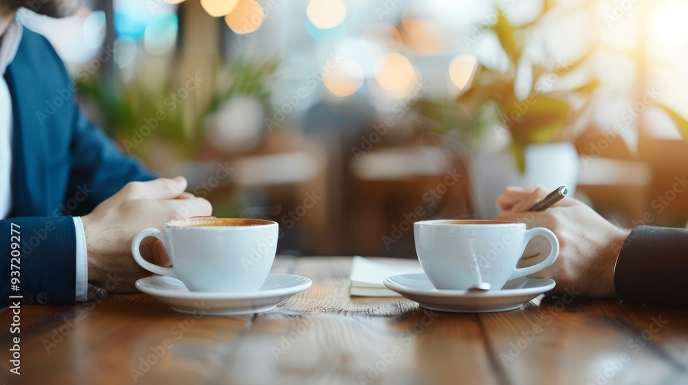 Business Meeting Coffee Break Two Cups of Coffee on a Wooden Table Business Meeting Coffee Break Two Cups of Coffee on a Wooden Table