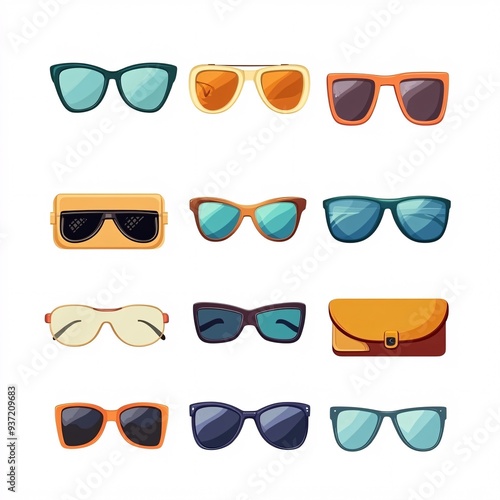 240805 190. A simple vector icon illustration depicting the group of retro sunglasses and cases items at center for a website isolated white background