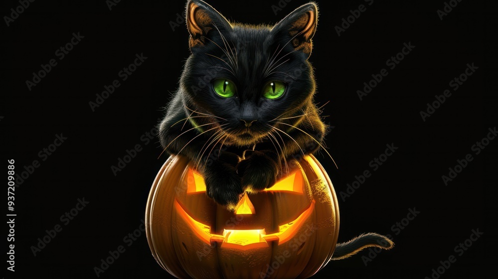 A sleek black cat with glowing green eyes, perched atop a jack-o'-lantern A sleek black cat with glowing green eyes, perched atop a jack-o'-lantern
