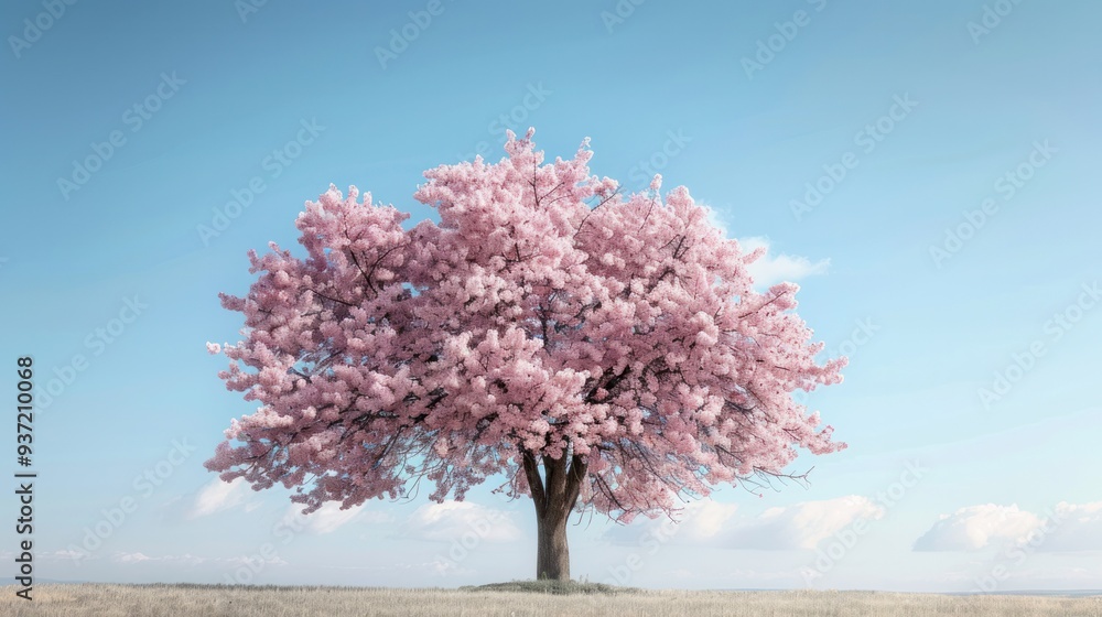 A solitary cherry tree in full bloom, its delicate pink blossoms creating a soft, ethereal cloud against a clear blue sky. A solitary cherry tree in full bloom, its delicate pink blossoms creating a soft, ethereal cloud against a clear blue sky.