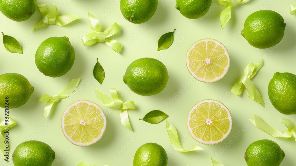 Fresh Green Limes with Green Ribbons and Leaves on Green Background Fresh Green Limes with Green Ribbons and Leaves on Green Background