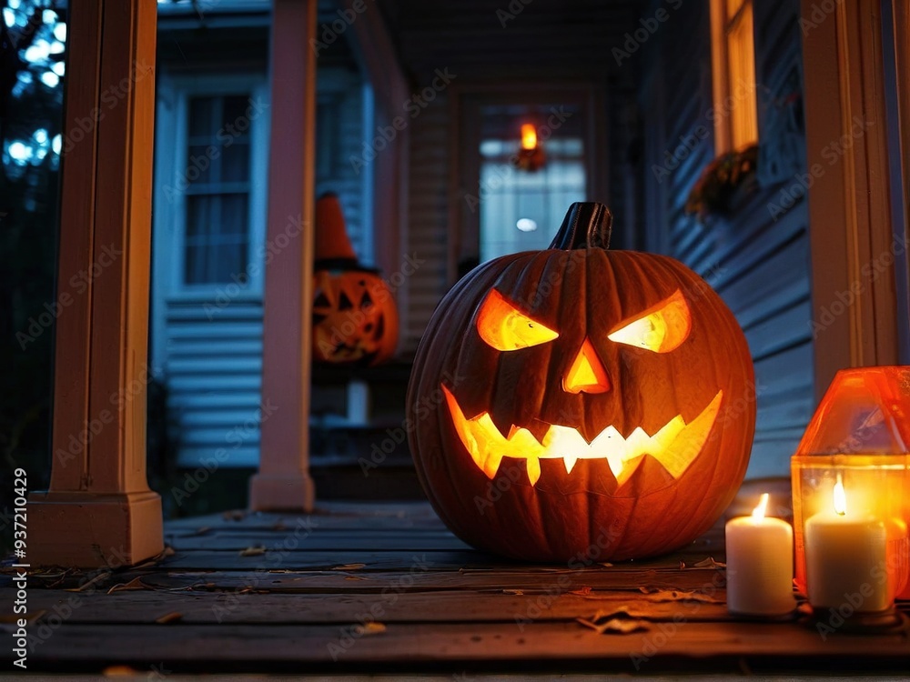 Obraz premium A jack-o'-lantern with a menacing grin sits on a porch lit by candles.