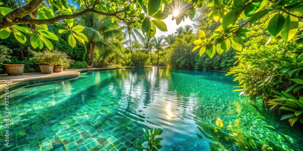 Sunlit Pool Through Lush Foliage, Lush Green, Poolside Serenity, Tropical Paradise, Swimming Pool Sunlit Pool Through Lush Foliage, Lush Green, Poolside Serenity, Tropical Paradise, Swimming Pool