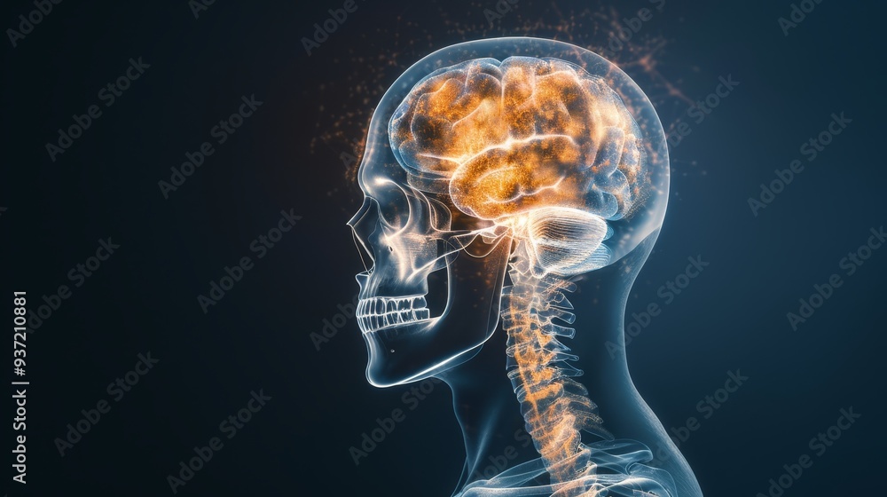 Human Skull with Glowing Brain and Spine Human Skull with Glowing Brain and Spine
