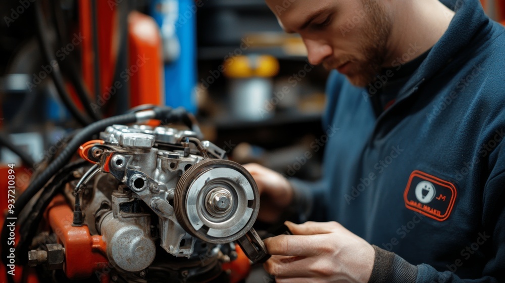 Obraz premium Mechanic repairing car engine in workshop