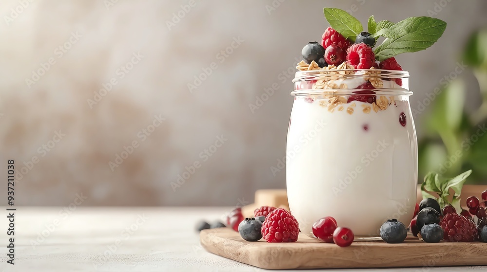 34 Organic yogurt, in glass jar with berries, 3D illustration 34 Organic yogurt, in glass jar with berries, 3D illustration
