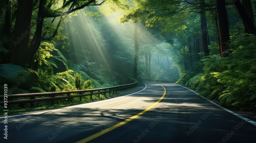 A sun-dappled asphalt highway winding through an emerald forest, capturing the essence of a peaceful escape into nature's embrace. A sun-dappled asphalt highway winding through an emerald forest, capturing the essence of a peaceful escape into nature's embrace.